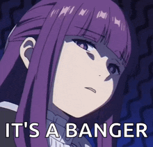 a picture of a girl with purple hair and the words it 's a banger below her