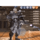 a man in armor is standing in front of a wooden sign with numbers on it .