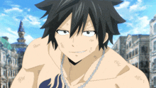 a gray haired anime character with a tattoo on his chest