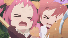 a cartoon girl with pink hair is making a face with her eyes closed
