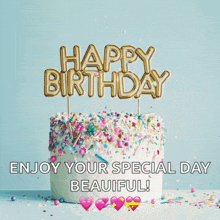 a birthday cake with sprinkles and a happy birthday candle on top