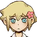 a cartoon character with blue eyes and a flower in his hair .