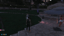 a screenshot of a video game shows a man and a woman standing on a patio