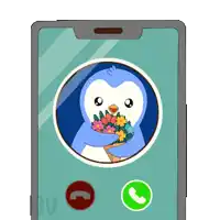 a penguin is holding a bouquet of flowers on a cell phone screen