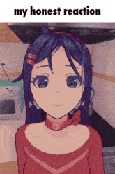 a cartoon of a girl with the words " my honest reaction " on the bottom