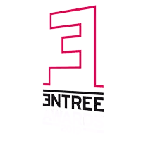 a pink and black logo with the letter e above it