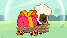 a cartoon character is tied up with a rope and is being held by another cartoon character .