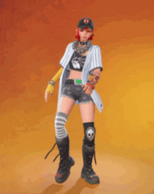 a girl with red hair is wearing a baseball uniform and black boots