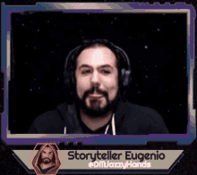 a picture of a man wearing headphones with the name storyteller eugenio on the bottom