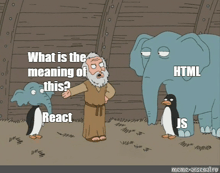 a cartoon of a man talking to two elephants and two penguins