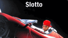 a man in a red hat is driving a red sports car with the words $ lotto on the top