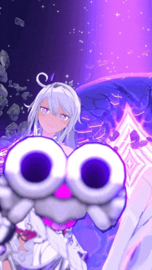 a girl with white hair and purple eyes is holding a gun