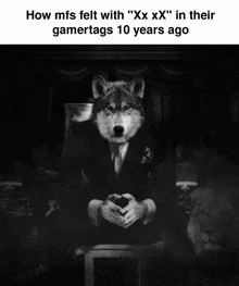a black and white photo of a wolf wearing a suit