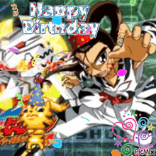 a happy birthday greeting card with a cartoon character