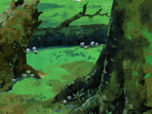 a painting of a forest with trees and mushrooms in the grass