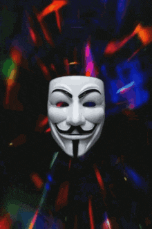 a white anonymous mask with a red eye and mustache