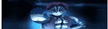 a cartoon character is standing in a dark room with a blue light coming out of his hand .