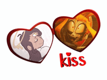 two heart shaped frames with the word kiss in red