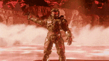 a video game character holding a gun in a red room