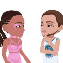 a cartoon of a man and a woman with the man wearing a golden state warriors shirt