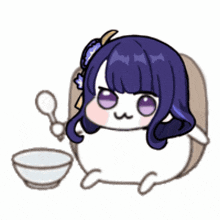 a cartoon of a girl with purple hair holding a spoon and a bowl of food .