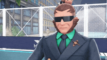 a man wearing sunglasses and a green shirt has a star pin on his chest