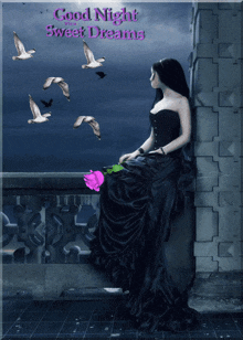 a woman in a black dress is sitting on a balcony with birds flying in the background and the words " good night sweet dreams "