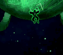 a green laser light is shining through a dark background .