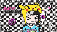 a drawing of a girl with a pikachu hat and the words " cheer up emo kid " on the bottom