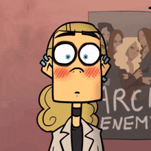 a cartoon drawing of a woman covering her ears in front of a poster that says " arch enemy "