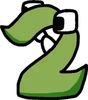 a cartoon drawing of a green number two with big eyes and mouth .