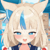 a close up of a blonde anime girl with cat ears