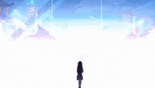 a girl is standing in front of a city with buildings and clouds .