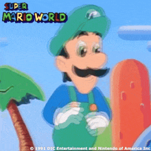 a cartoon of a man with a mustache and the words super mario world