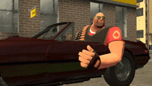 a man in a red shirt is giving a thumbs up while sitting in a car