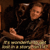 a man sitting in a chair reading a book with the words it 's wonderful to get lost in a story isn 't