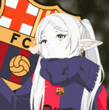 a girl with white hair and a scarf around her neck is wearing a red and blue fc jersey