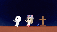 a cartoon drawing of a girl standing in front of a grave