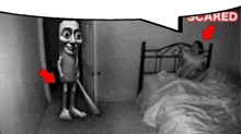 a cartoon character is standing in a doorway next to a bed with a scared sign above it