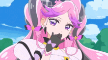 a cartoon girl with pink hair and purple eyes