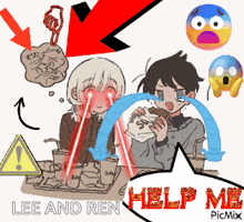 a cartoon of a boy and a girl eating a hamburger with the words " lee and ren " below them