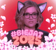 a woman with cat ears is surrounded by flowers and the words #biejat 2025