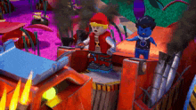 two lego characters are standing next to each other in a cartoon scene