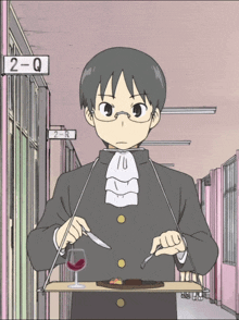 a boy holding a tray with a steak and a glass of wine