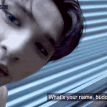 a close up of a person 's face with the words what 's your name budd written below it