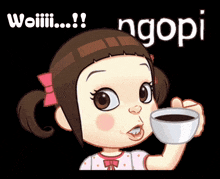 a cartoon of a girl drinking a cup of coffee with the words ngopi behind her