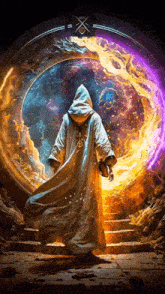 a man in a hooded robe is standing in front of a portal