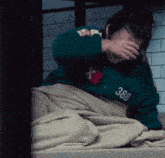 a person with the number 388 on their sweatshirt