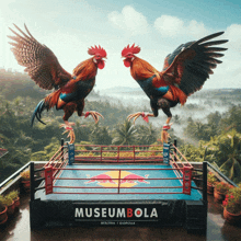 two roosters are standing in a boxing ring that says museumbola on it