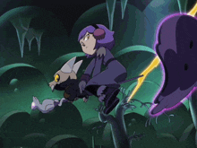 a cartoon character with purple hair and headphones is holding a wand